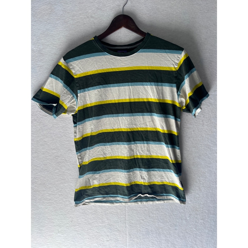 Patagonia Mens Organic Cotton Striped Short Sleeve T-Shirt Green Blue Yellow M